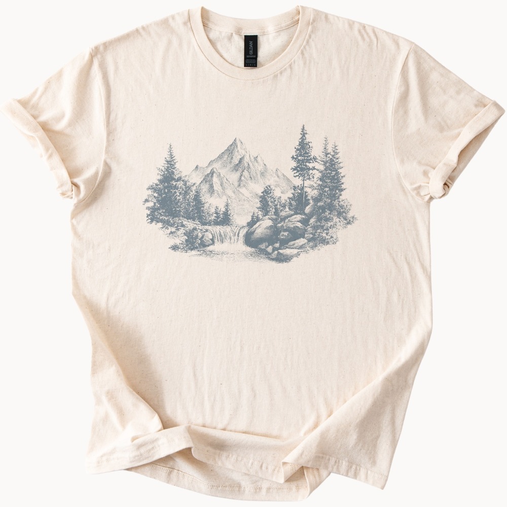 Mountain Waterfall Engraving Graphic Tee Nature Art Illustration